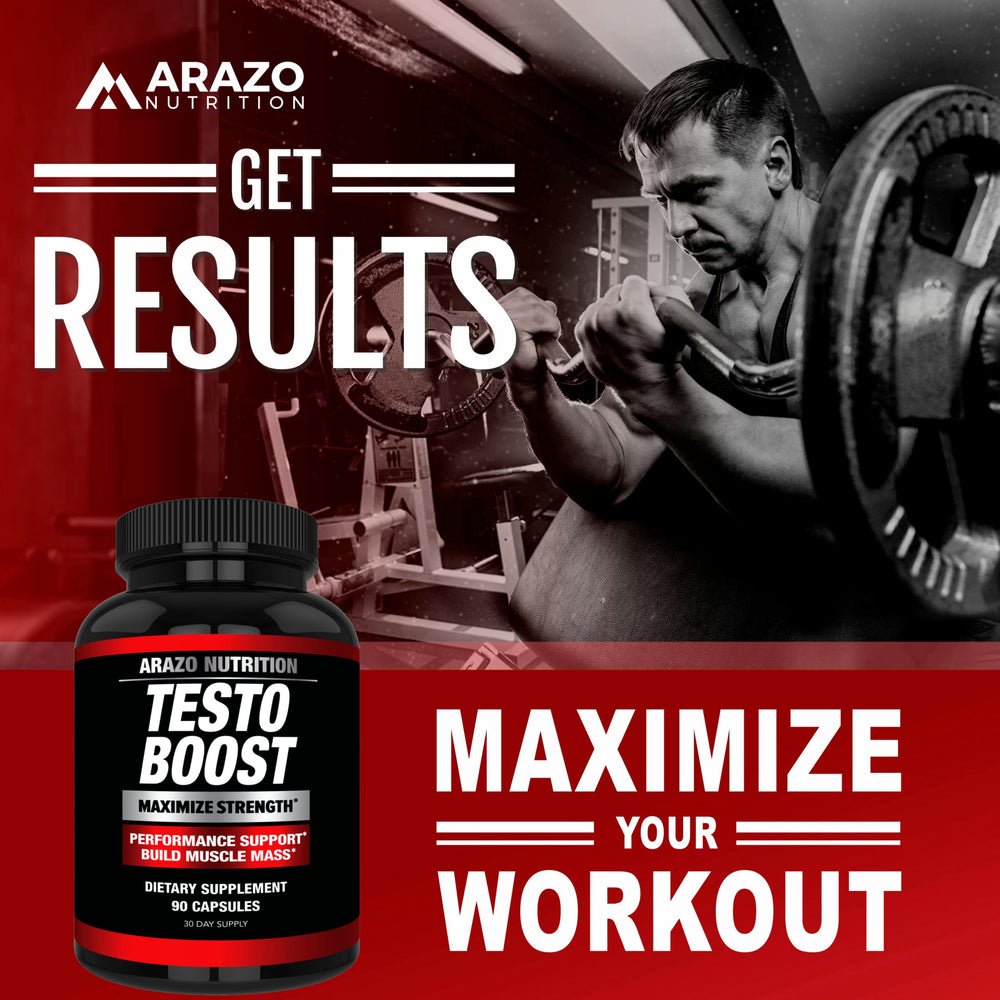 Third-party safety testing seal on Arazo Nutrition TestoBoost bottle for purity assurance.