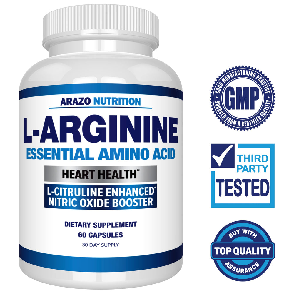 Close-up on supplement bottle showing L-Arginine 1340mg per serving