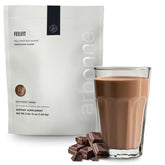 Arbonne Feelfit pea protein shake chocolate tub showing rich powder for energy support