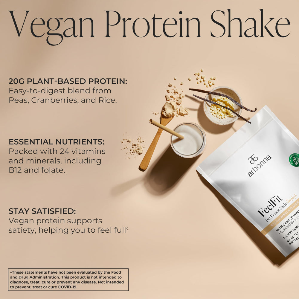 Arbonne Feelfit vanilla pea protein shake being poured for post-workout recovery
