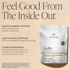 Arbonne Feelfit vanilla pea protein tub close-up showing vitamins and minerals