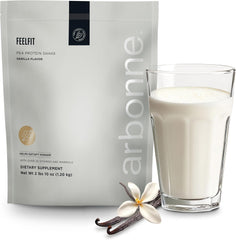 Arbonne Feelfit vanilla pea protein tub with 20g protein per serving for daily nutrition