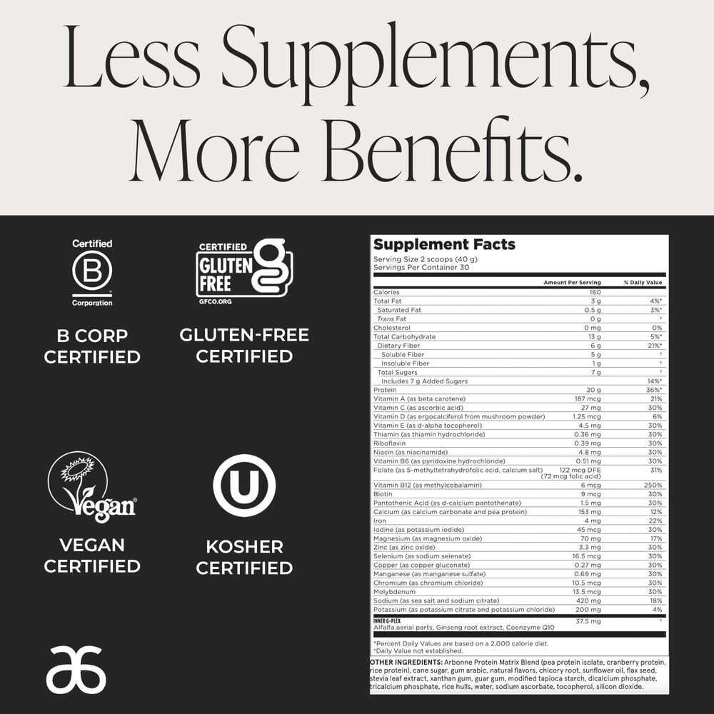 Arbonne Feelfit vanilla pea protein powder highlighting natural ingredients