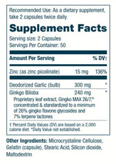 Ingredients showing zinc picolinate and deodorized garlic