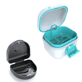ARGOMAX leak-proof denture bath cup in white and cyan with closed hinges