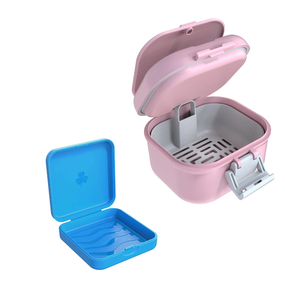 ARGOMAX leak-proof denture bath cup in pink and white with closed lid