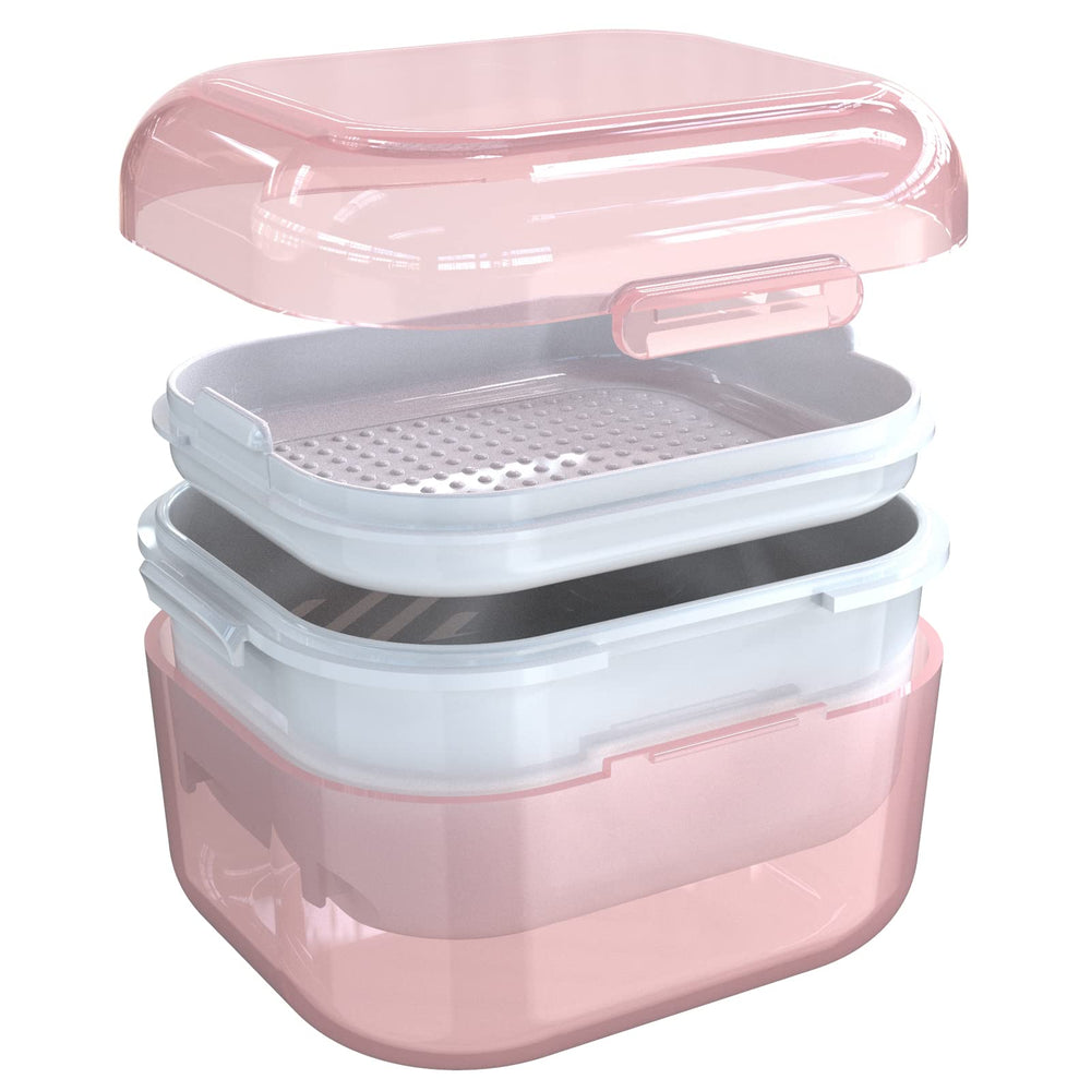 Leak-proof denture bath cup in pink and white