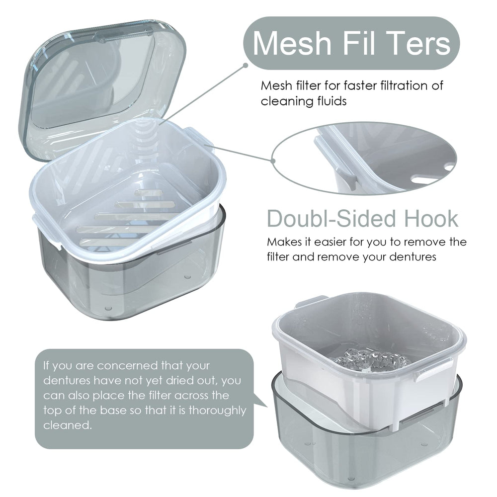 Denture case with tray and strainer dimensions for drying dentures
