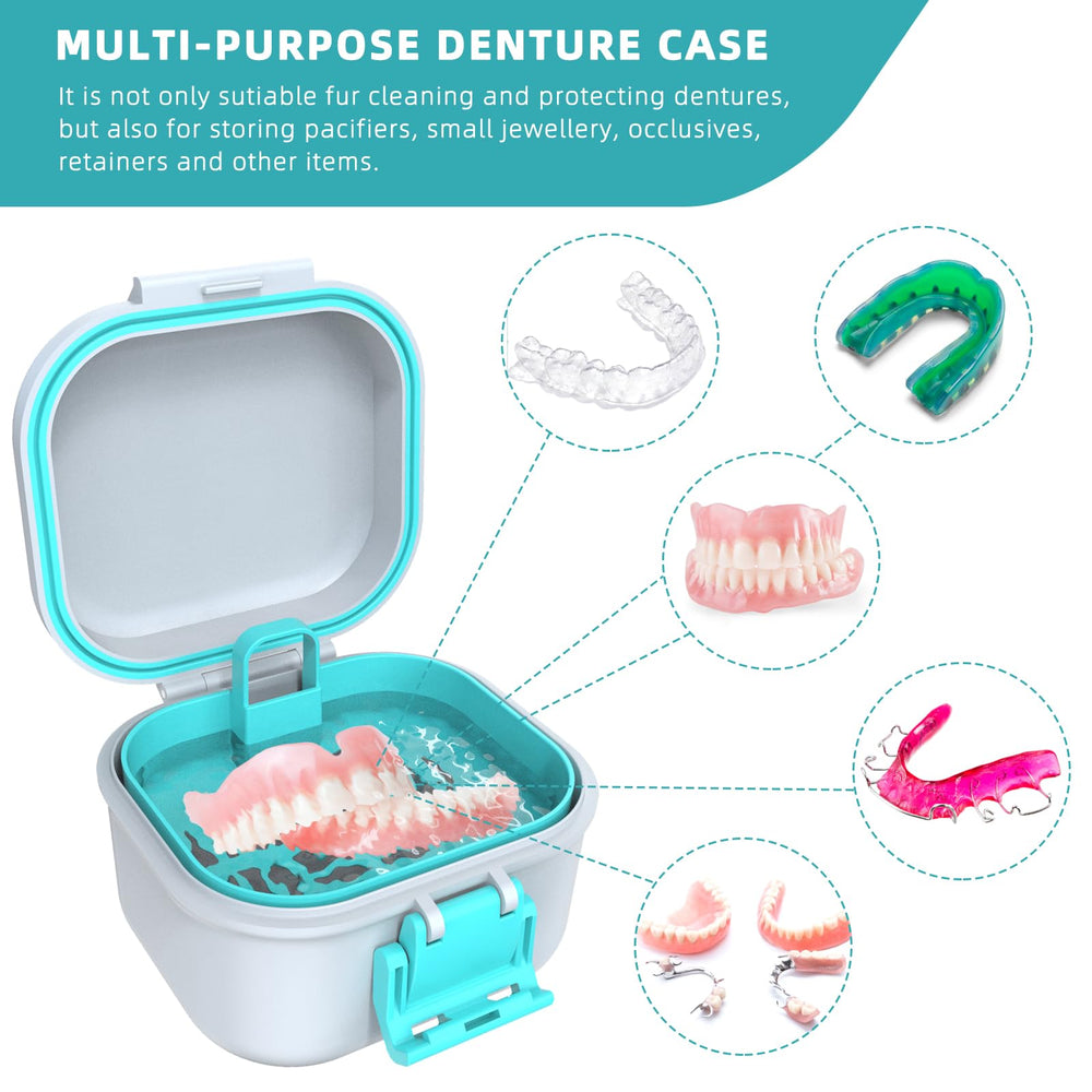 Multi-purpose storage case beside denture cup