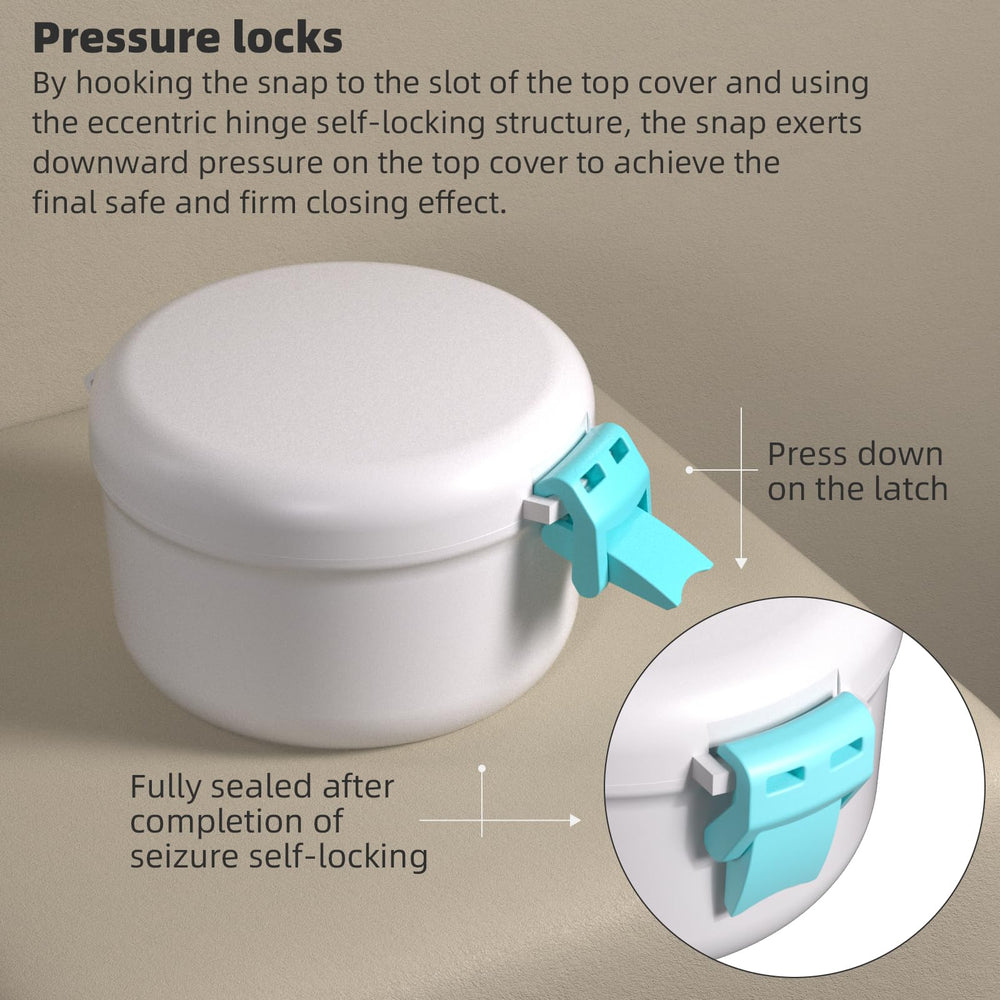 Open case displaying space for dentures and cleaning liquid