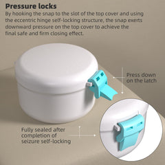 Open case displaying space for dentures and cleaning liquid