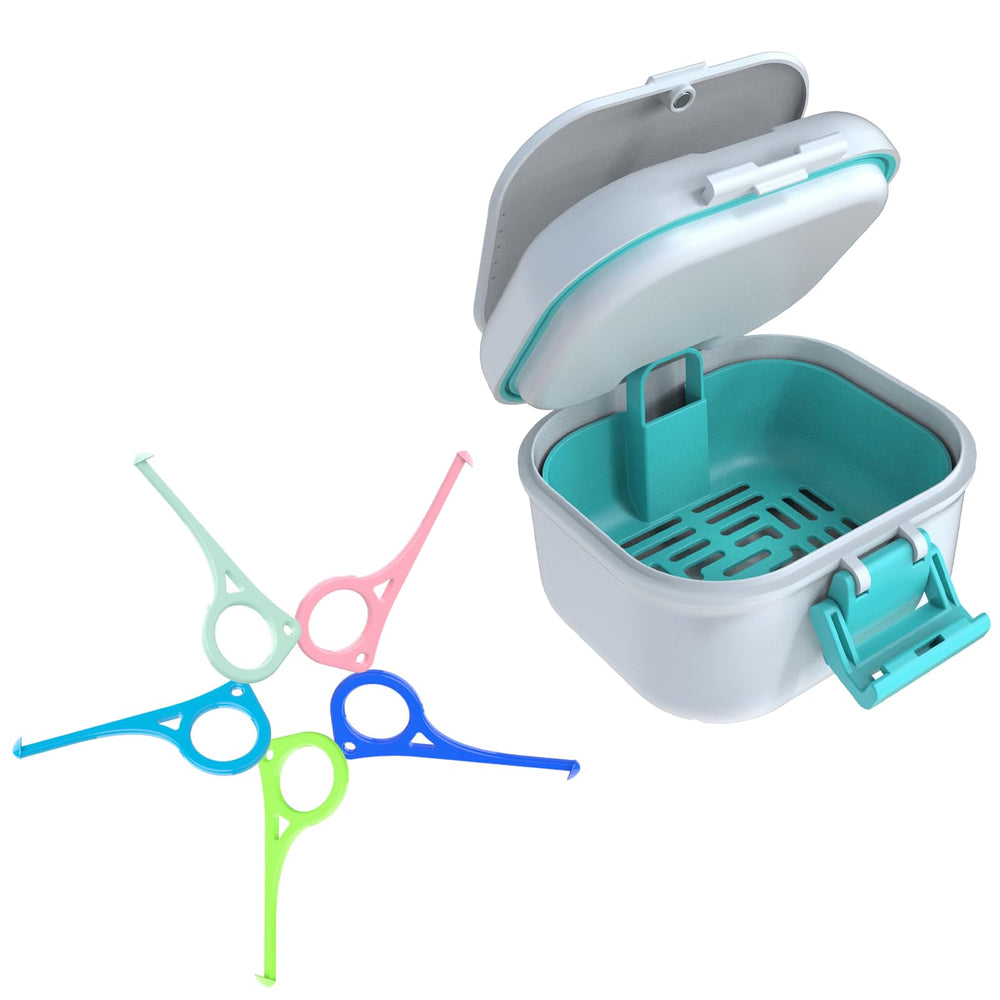 Front view of ARGOMAX Leak Proof Denture Bath Cup in White and Cyan