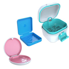 ARGOMAX Leak Proof Denture Bath Cup in white and cyan with closed lid