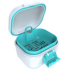 Denture bath case showing hinge and magnetic latch