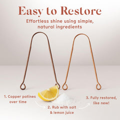 Hands holding copper tongue scraper for oral care