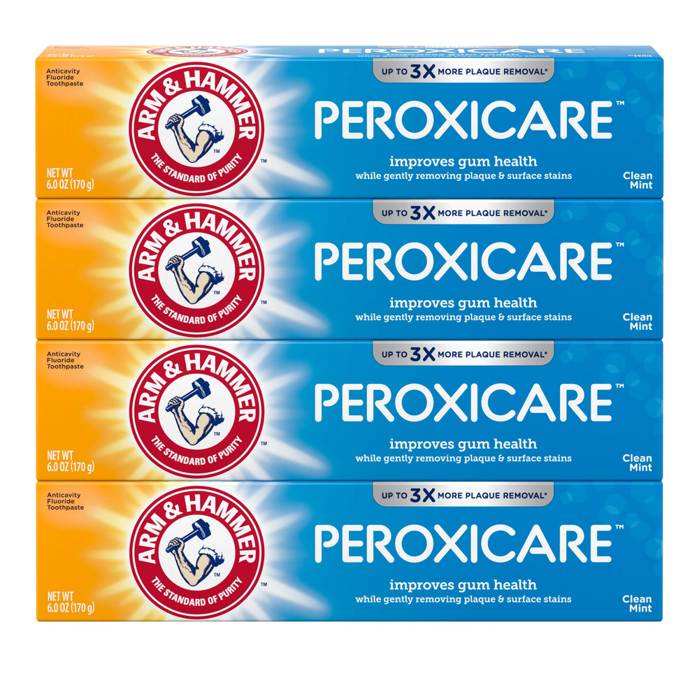 Front view of ARM & HAMMER Peroxicare toothpaste 6 oz four-pack in Clean Mint