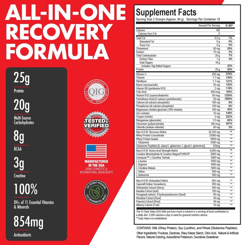 Close-up of Arm Plus+ label highlighting protein and creatine content