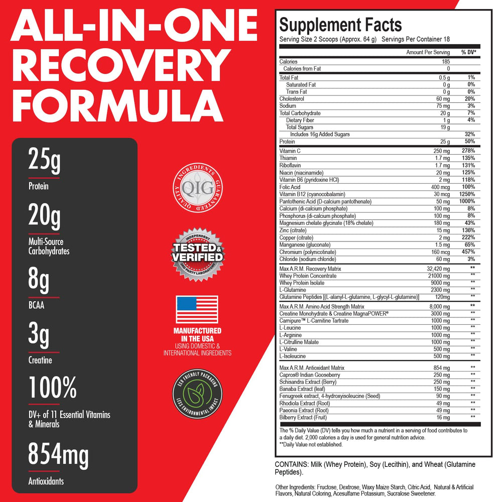 Close-up of Arm Plus+ recovery matrix shake and packaging