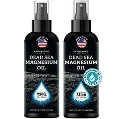 Front view of Aromasong Magnesium Oil Spray bottle showing 8 oz two-pack