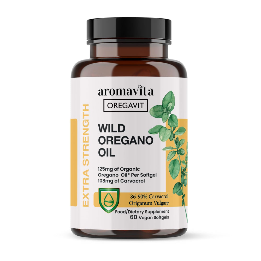 Front view of AROMAVITA Vegan Wild Oregano Oil capsules bottle