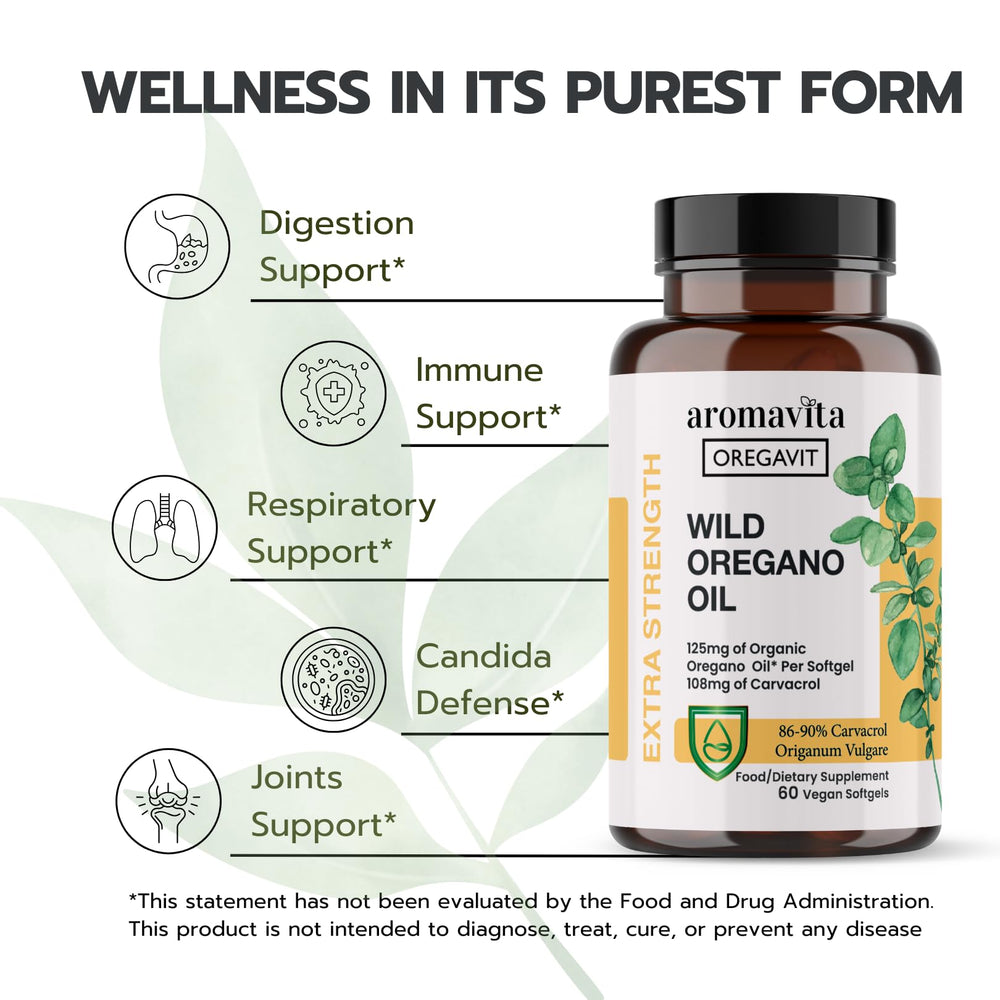 Side view of AROMAVITA oregano oil capsules bottle