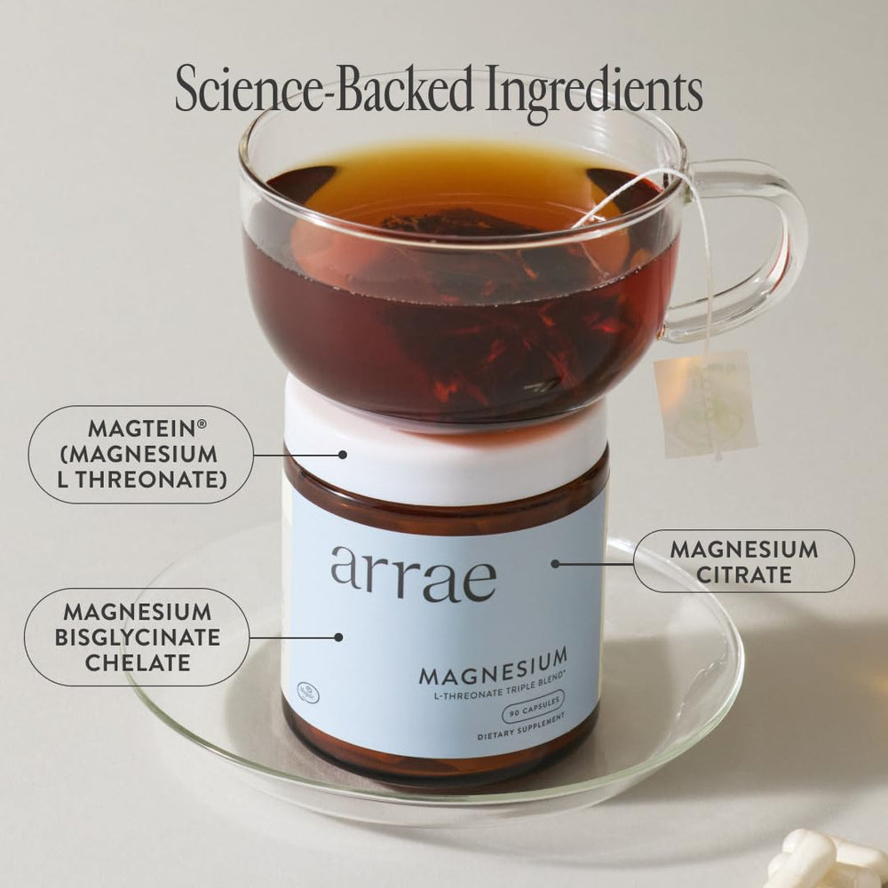 Front of Arrae magnesium supplement packaging showing 90 capsules