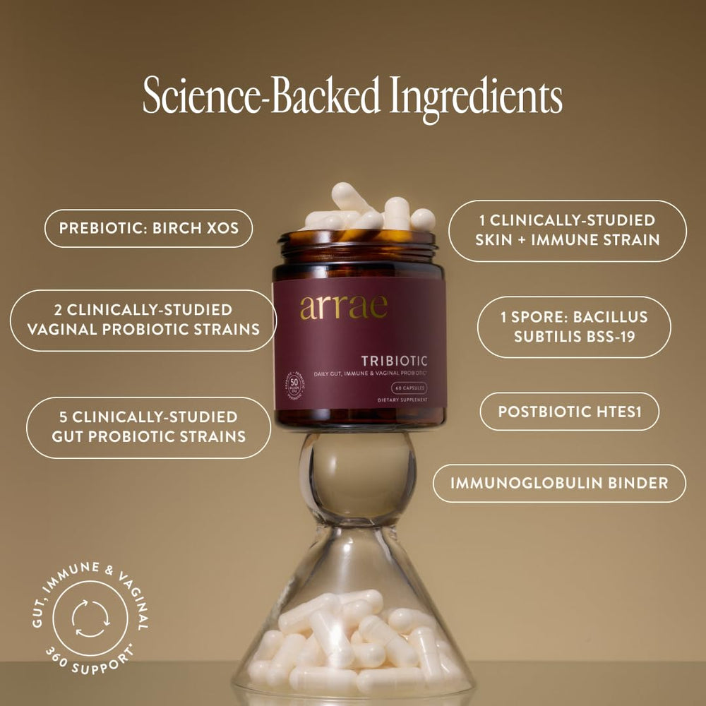 Graphic of gut microbiome with eight probiotic strains