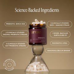 Graphic of gut microbiome with eight probiotic strains
