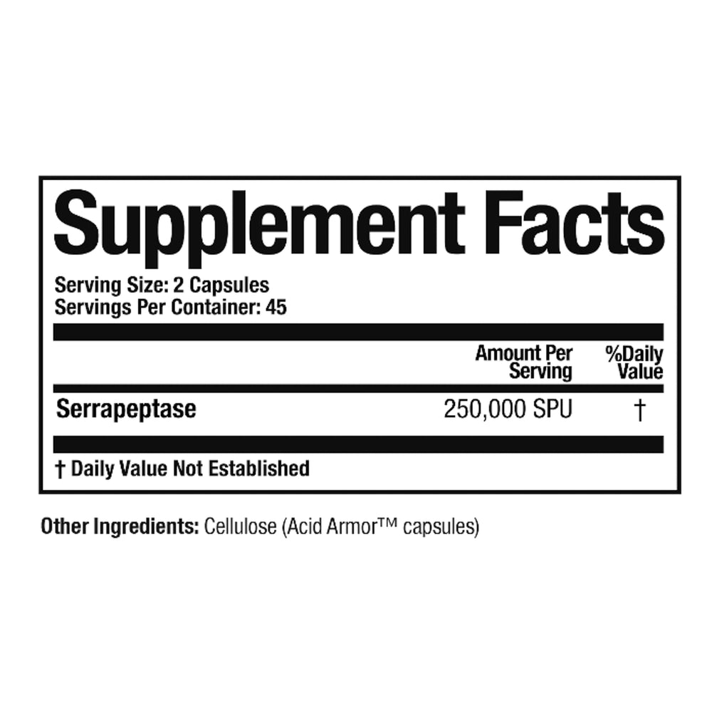 Close-up of Serretia Serrapeptase label on bottle