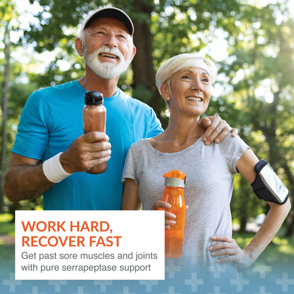 Serrapeptase capsules beside bottle on white background