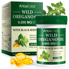 Artoalabs oil of oregano softgels bottle with 120 capsules 6000 mg oregano oil plus 200 mg black seed oil