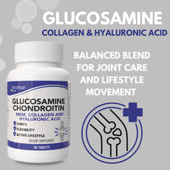 Ingredients label featuring glucosamine, chondroitin, MSM, collagen and hyaluronic acid