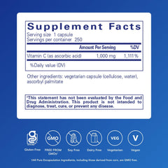 Close-up of ascorbic acid 1,000 mg capsule label showing vegan and non-GMO information