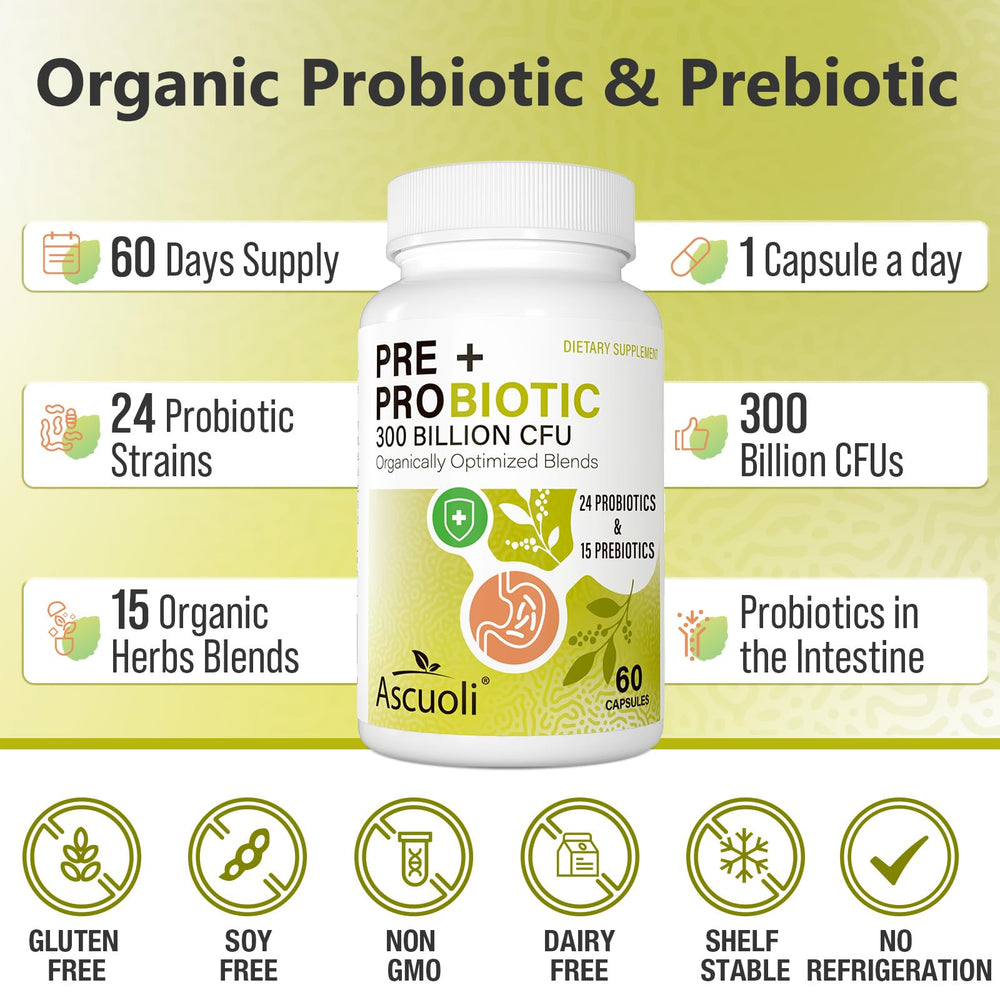 Probiotic bottle showing 24 strains and 15 organic herbs blend