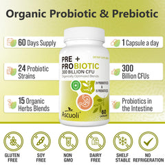 Probiotic bottle showing 24 strains and 15 organic herbs blend