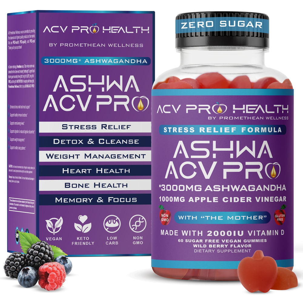 Front view of Ashwa ACV Pro Health gummies bottle