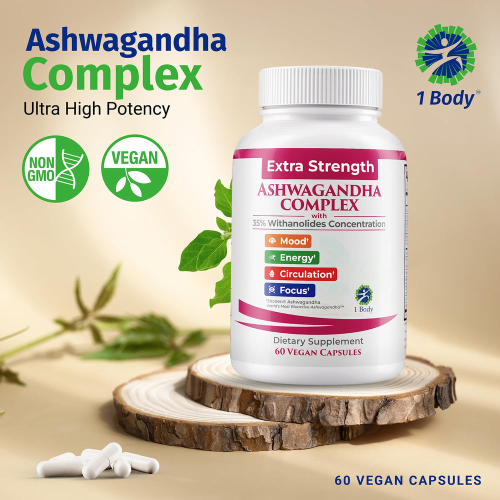 Close-up of 60 Shoden Ashwagandha capsules