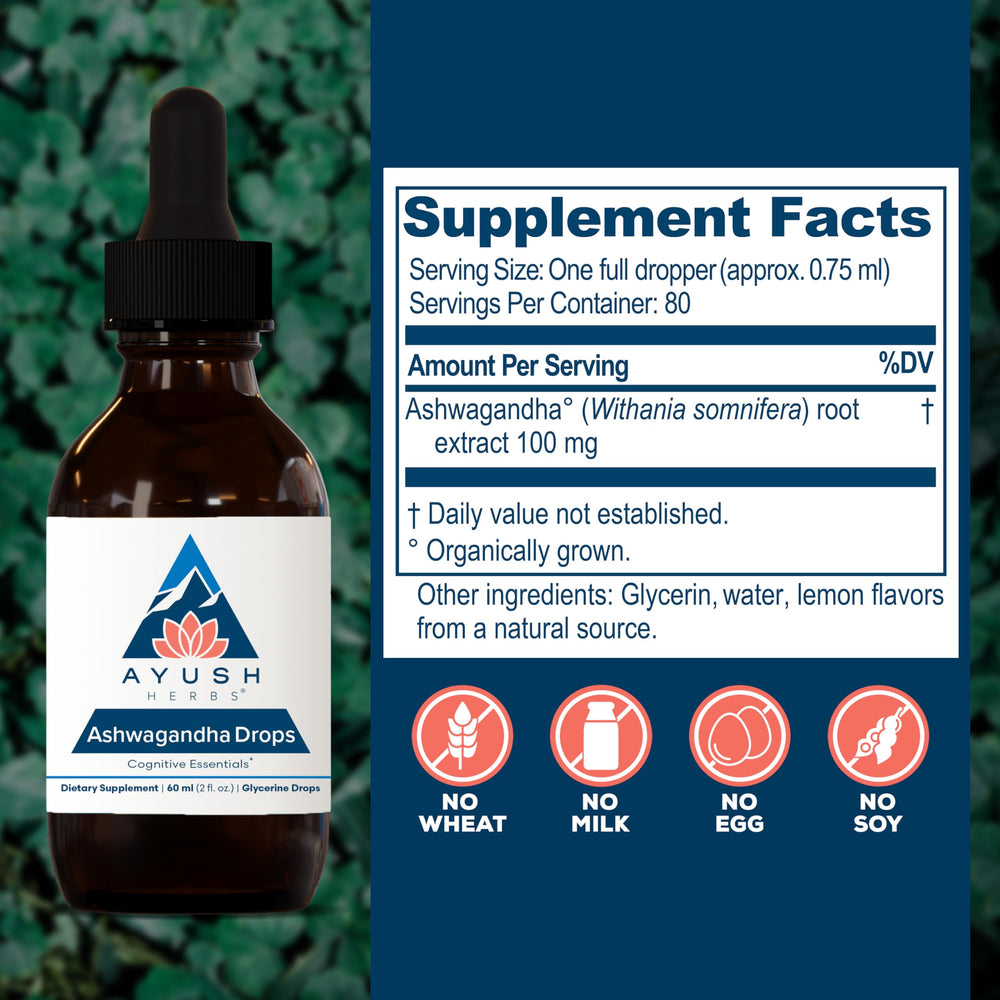 Close-up of Ashwagandha Drops lemon flavor label