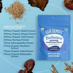 Close-up of Ashwagandha, Eleuthero, and Tulsi adaptogens in the blend