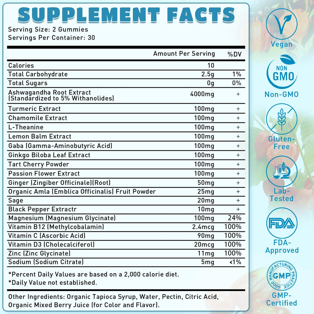 Berry flavor Ashwagandha gummies are vegan and non-GMO and gluten-free