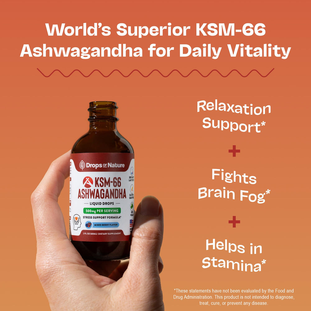 Amber glass bottle of Ashwagandha KSM 66 Liquid Drops with label