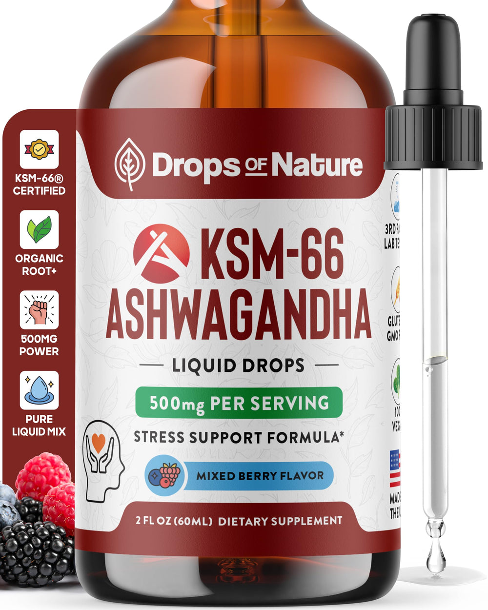 Ashwagandha KSM 66 Liquid Drops mixed berry flavor in 60ml bottle (hero image)