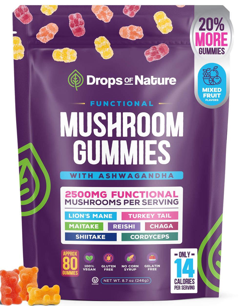 Bottle of Ashwagandha and Lions Mane Gummies - organic, vegan, low-carb