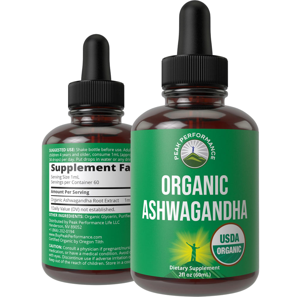 Bottle of Ashwagandha Liquid Drops with USDA Organic label