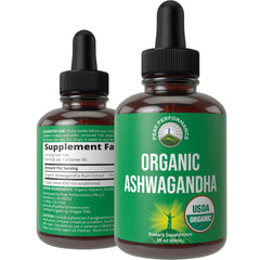 Bottle of Ashwagandha Liquid Drops with USDA Organic label