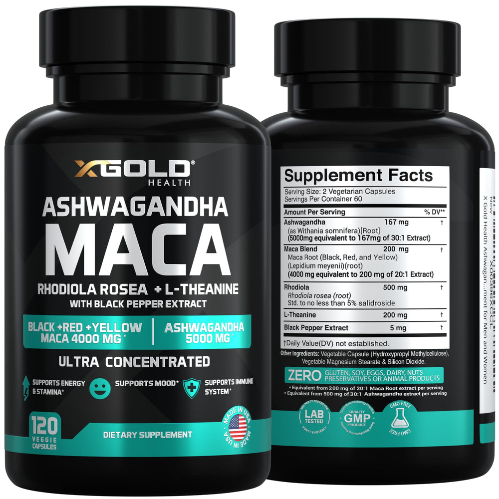 Close-up of Ashwagandha–Maca 4-in-1 capsules highlighting potency