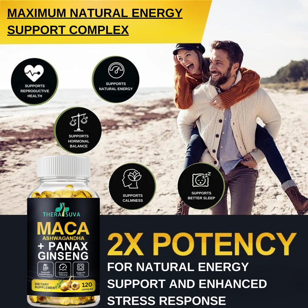 Herbal illustrations of Maca Root, Ashwagandha and Panax Ginseng