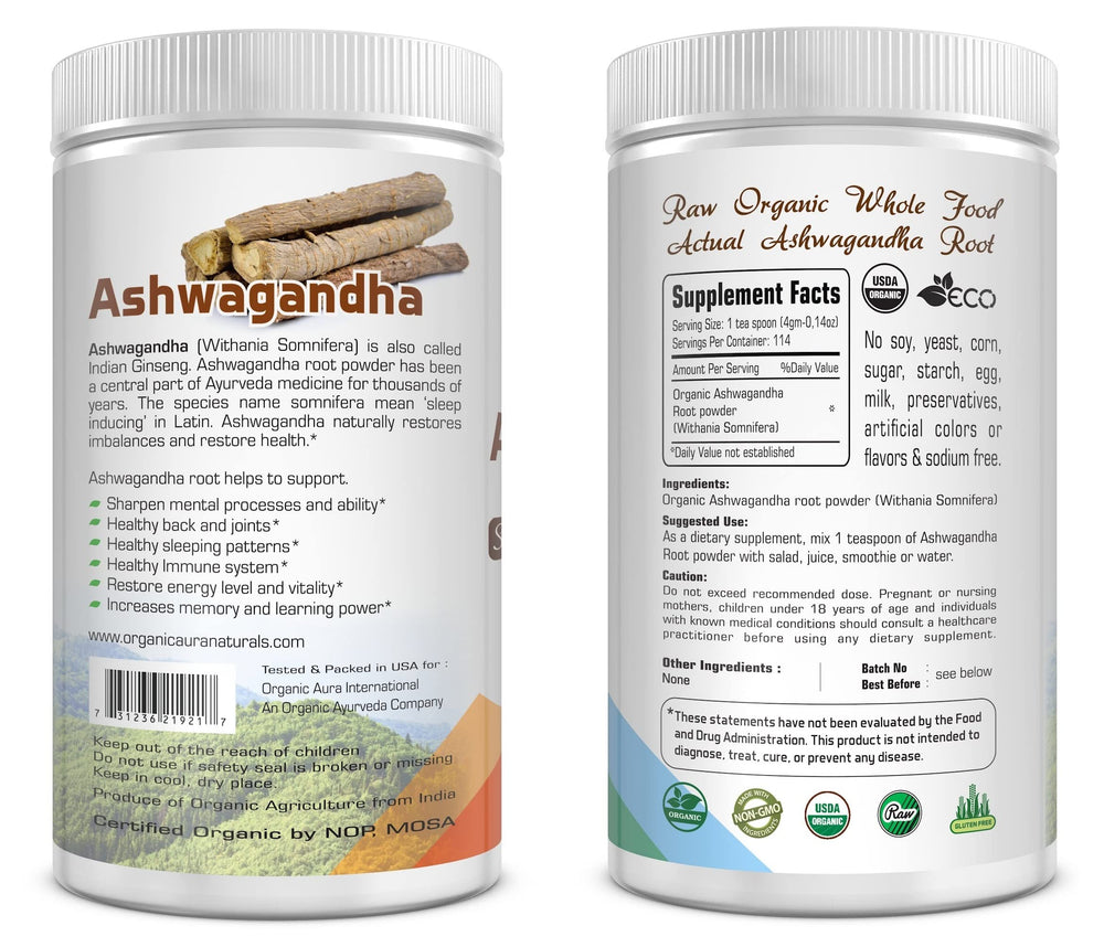 Ashwagandha powder packaging and label