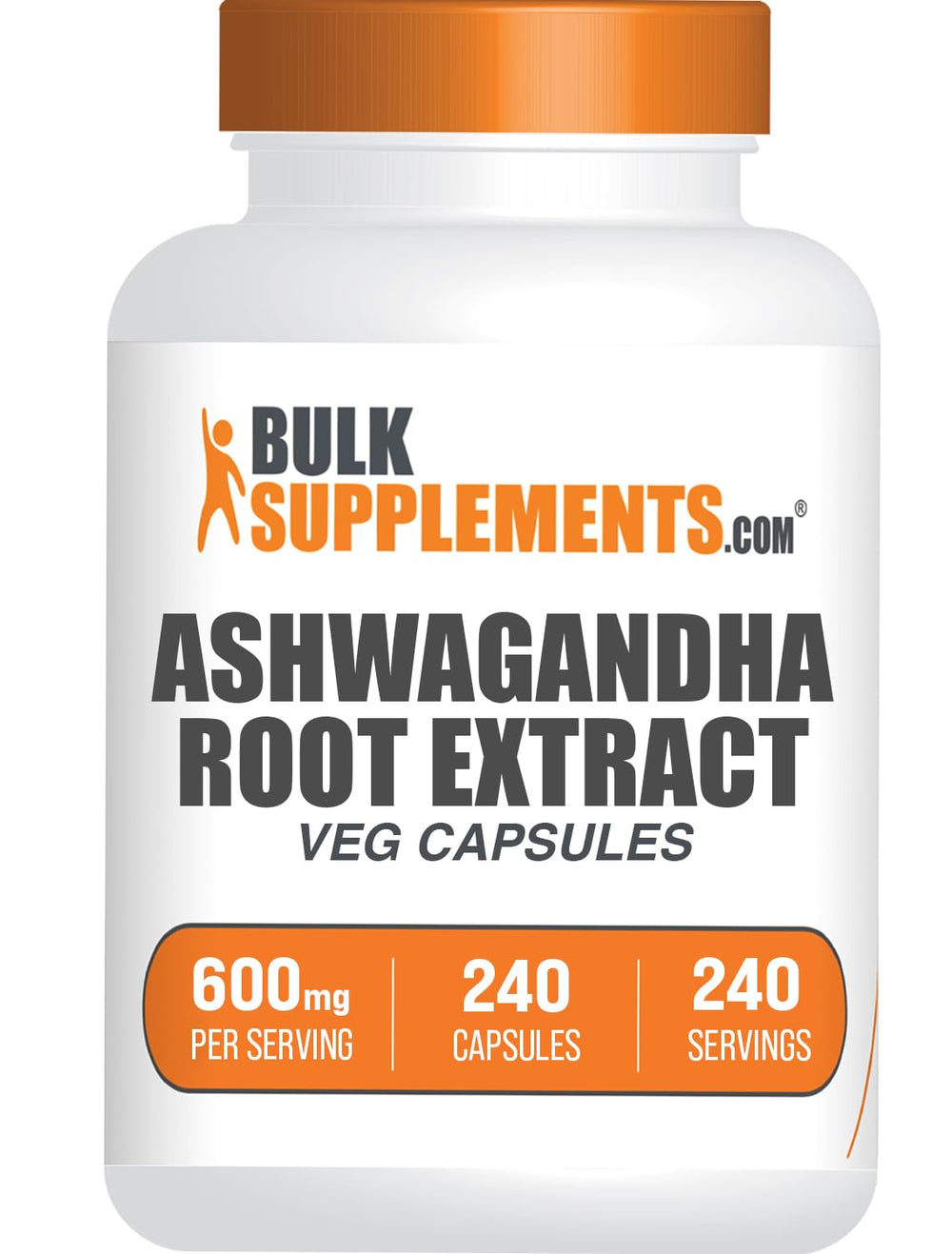 Ashwagandha root extract capsules bottle showing 600 mg per capsule, 240 vegan capsules