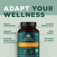 Label showing vegan, gluten-free, non-GMO and organic on Ashwagandha tablets